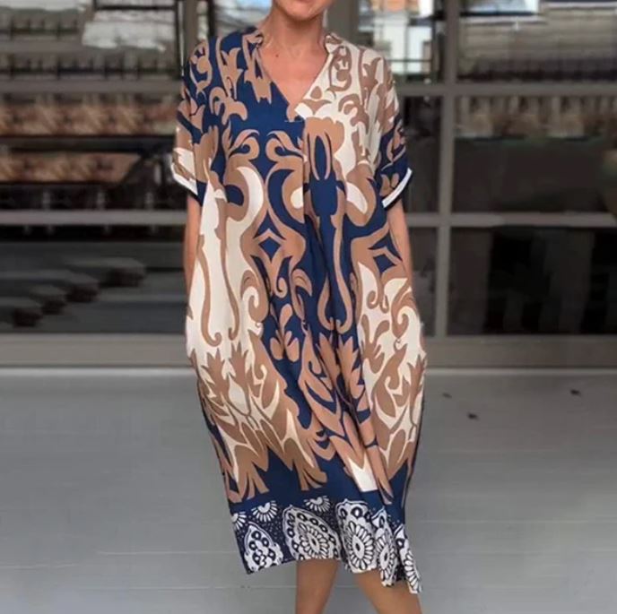 Loose midi dress with printed V-neckline