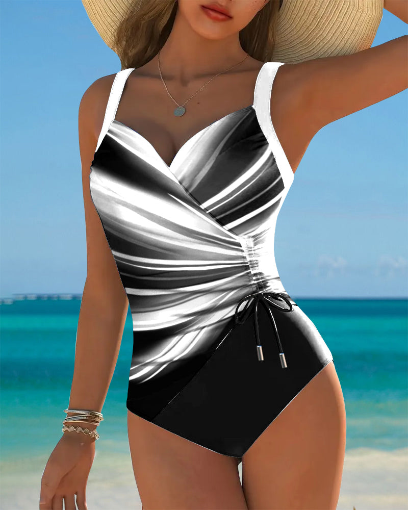 Contrast Color Drawstring One-Piece Swimsuit