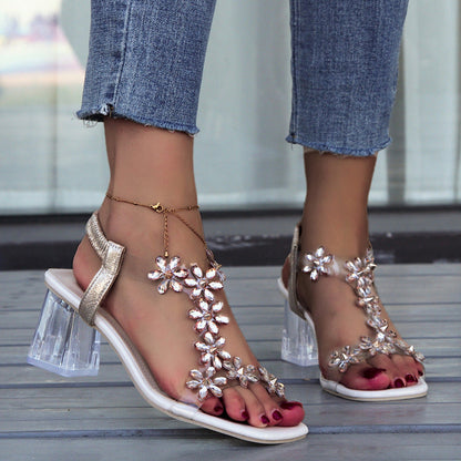 Women's wide-heeled sandals with flowers and rhinestones