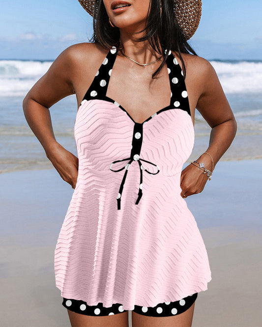 Ribbed polka dot print tankini swimsuit