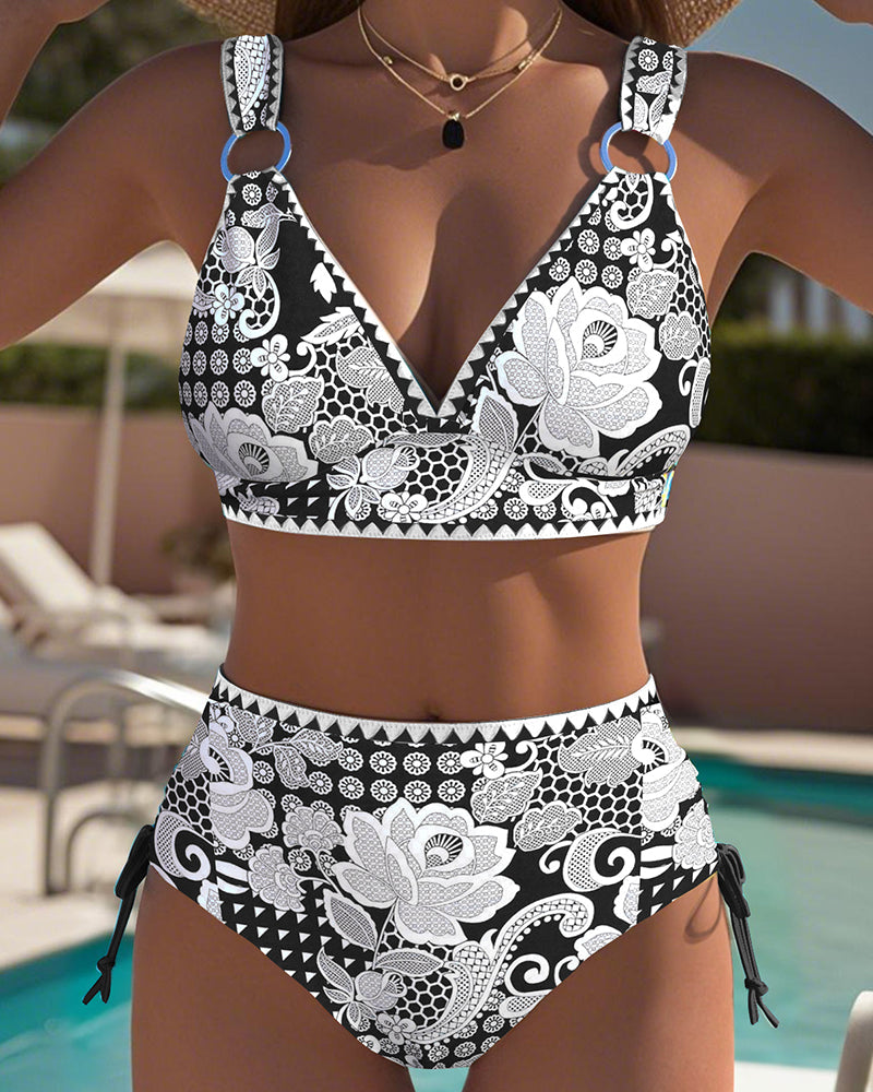 Printed Lace-Up Triangle Bikini