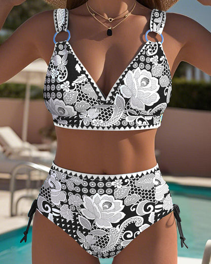Printed Lace-Up Triangle Bikini
