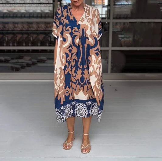 Loose midi dress with printed V-neckline