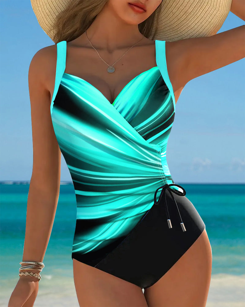 Contrast Color Drawstring One-Piece Swimsuit