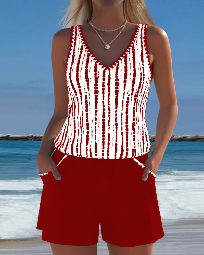Casual V-neck printed two-piece swimsuit with pockets