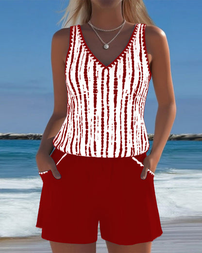 Casual V-neck printed two-piece swimsuit with pockets