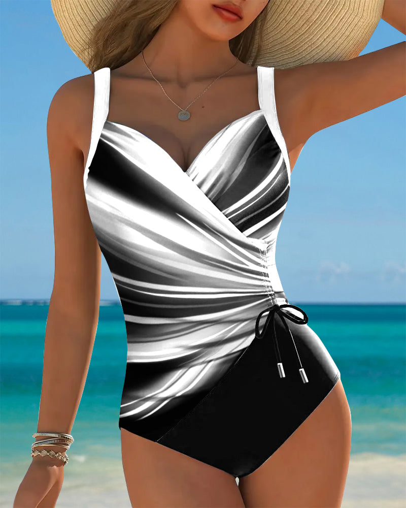 Contrast Color Drawstring One-Piece Swimsuit