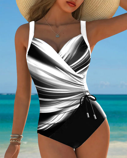 Contrast Color Drawstring One-Piece Swimsuit