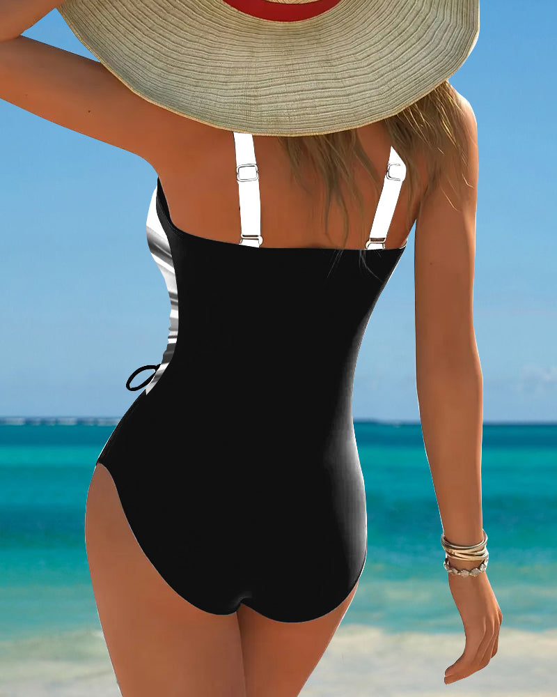 Contrast Color Drawstring One-Piece Swimsuit