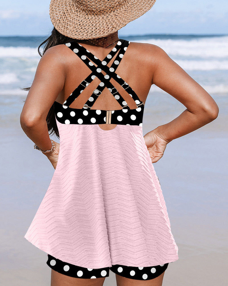 Ribbed polka dot print tankini swimsuit