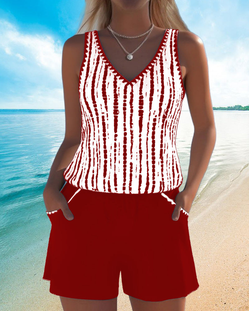 Casual V-neck printed two-piece swimsuit with pockets