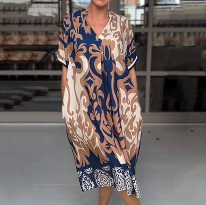 Loose midi dress with printed V-neckline