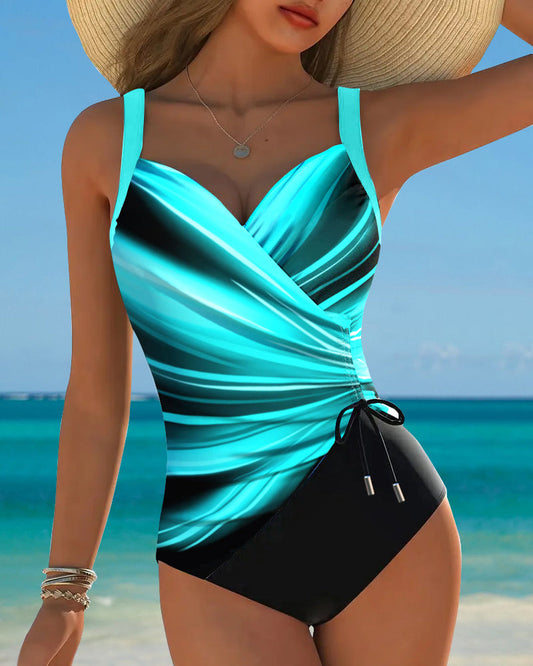 Contrast Color Drawstring One-Piece Swimsuit