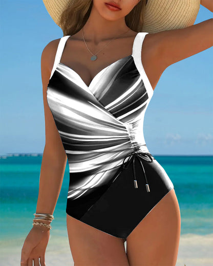 Contrast Color Drawstring One-Piece Swimsuit