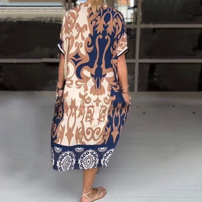 Loose midi dress with printed V-neckline