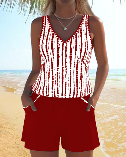 Casual V-neck printed two-piece swimsuit with pockets