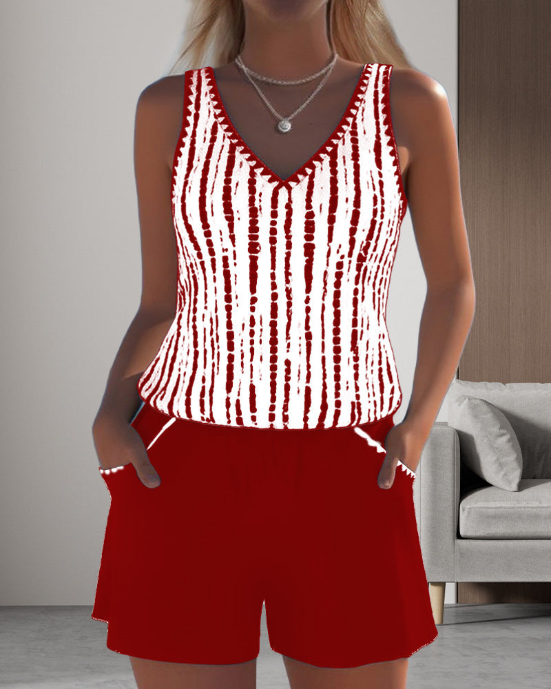 Casual V-neck printed two-piece swimsuit with pockets