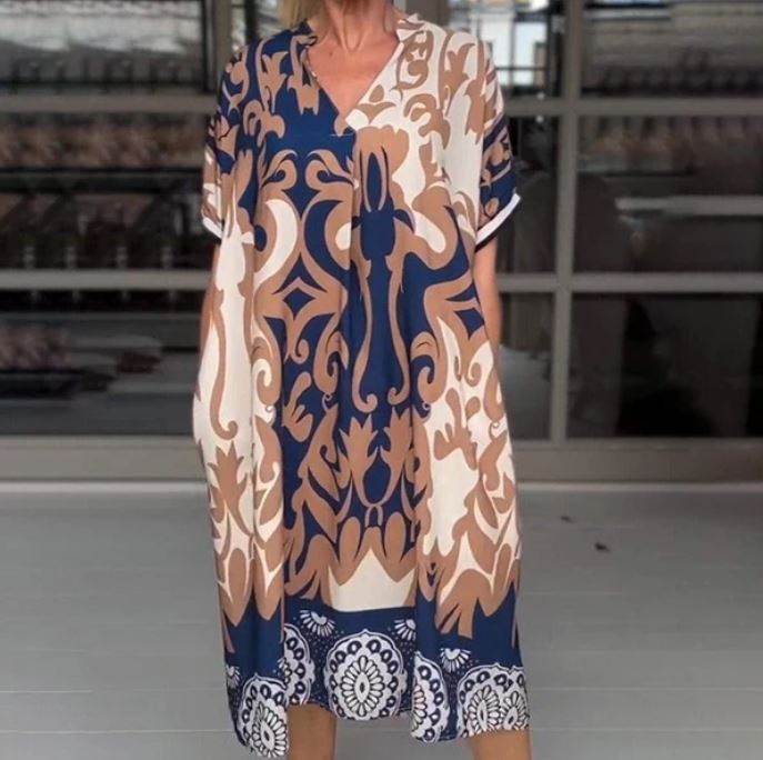 Loose midi dress with printed V-neckline