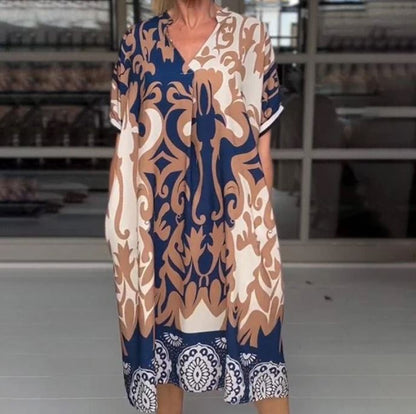Loose midi dress with printed V-neckline