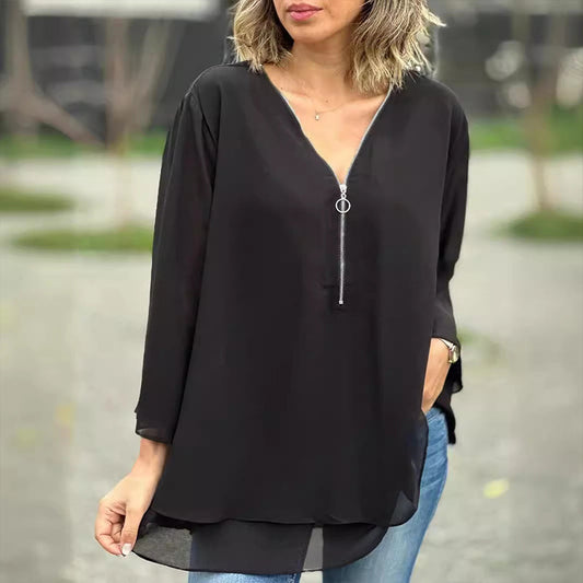 HEIDI- V-Neck Flowy Zipped Top