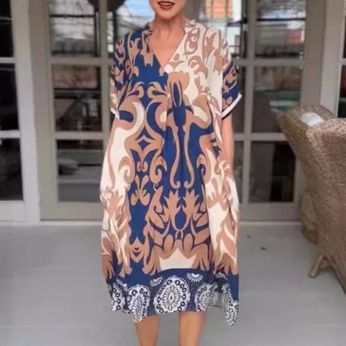 Loose midi dress with printed V-neckline