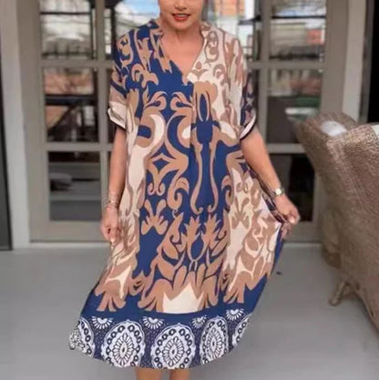 Loose midi dress with printed V-neckline