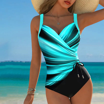 Contrast Color Drawstring One-Piece Swimsuit