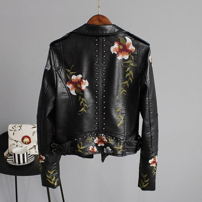 Jordia™ - Women's Leather Jacket With Floral Accents