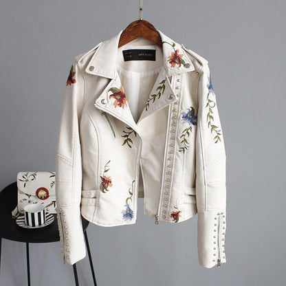 Jordia™ - Women's Leather Jacket With Floral Accents