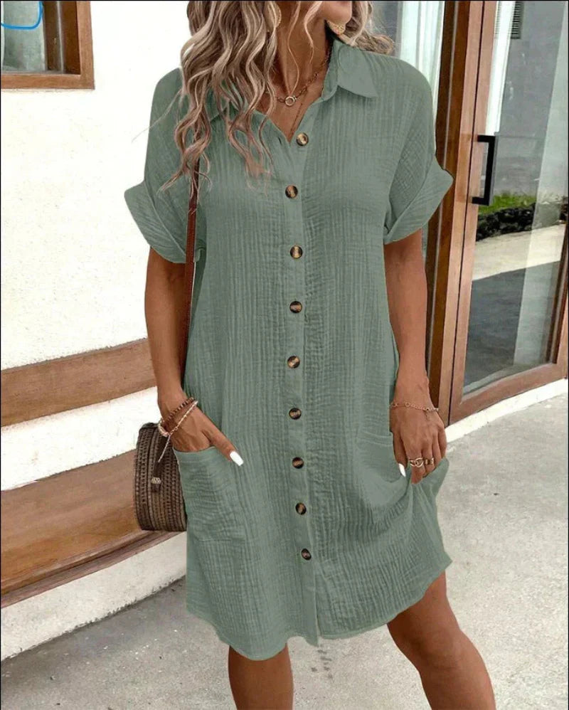 Aubrey – Women’s Retro Cotton Linen Shirt Dress