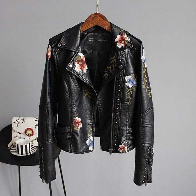 Jordia™ - Women's Leather Jacket With Floral Accents